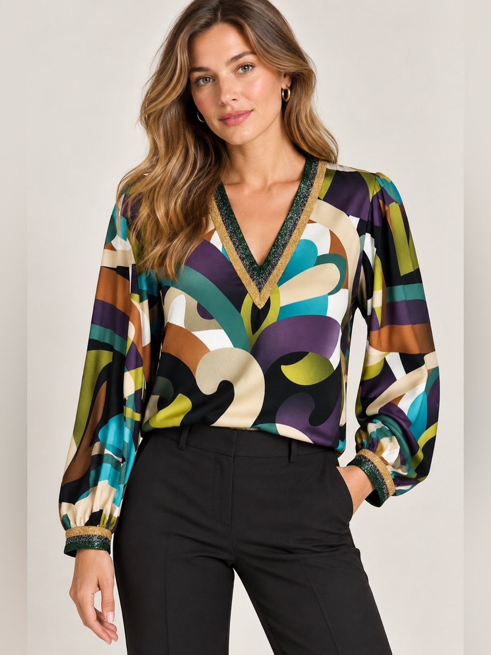 Julian Chang Abstract Print V Neck Metallic Trim Long Sleeve Top Size L